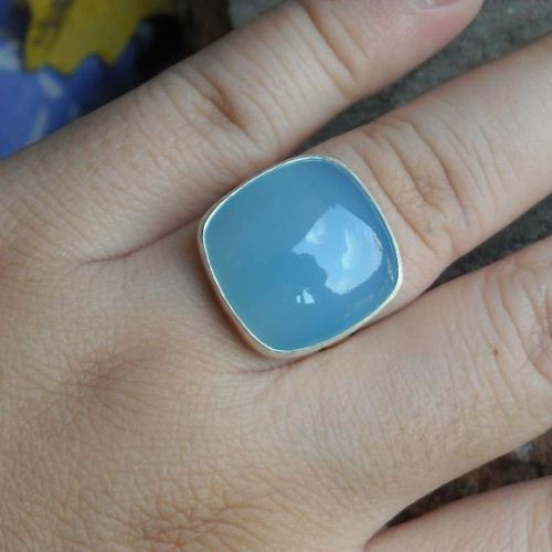 Blue Chalcedony Jewelry, Aqua blue Chalcedony silver ring, Cushion cut