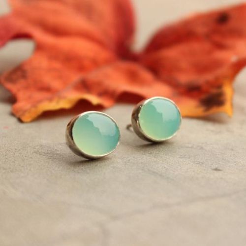 Blue Chalcedony earrings, Aqua stud earrings, Oval silver earrings