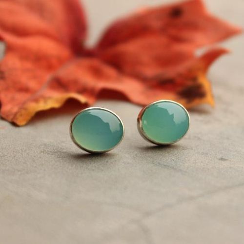 Blue Chalcedony earrings, Aqua stud earrings, Oval silver earrings