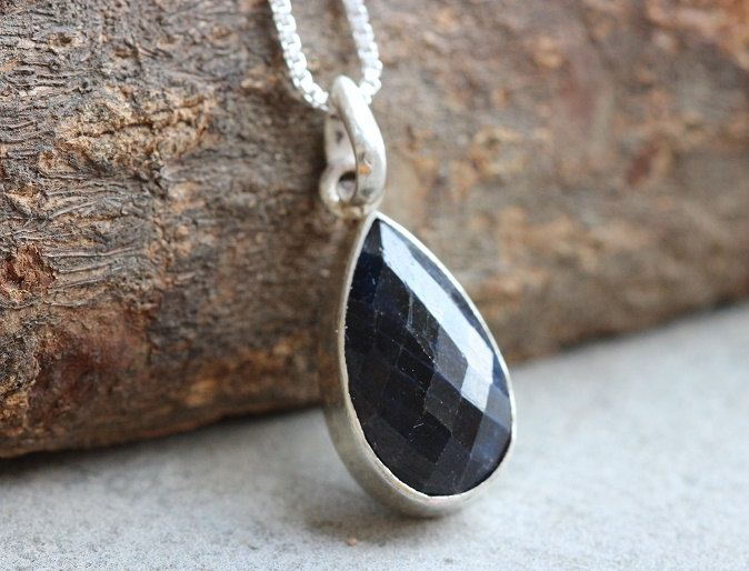 Blue Sapphire pendant necklace - Tear drop silver pendant