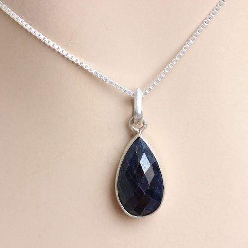 Blue Sapphire pendant necklace - Tear drop silver pendant