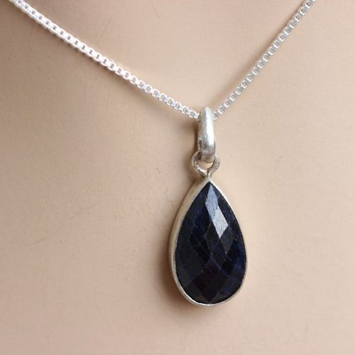 Blue Sapphire pendant necklace - Tear drop silver pendant
