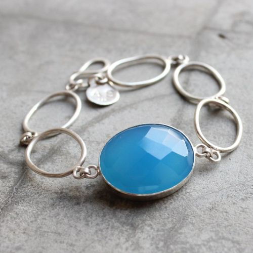 Blue chalcedony bracelet, Oval bracelet, Chalcedony silver bracelet