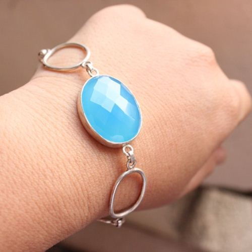 Blue chalcedony bracelet, Oval bracelet, Chalcedony silver bracelet