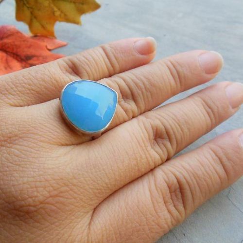 Blue chalcedony ring, Gemstone ring, Blue heart silver ring