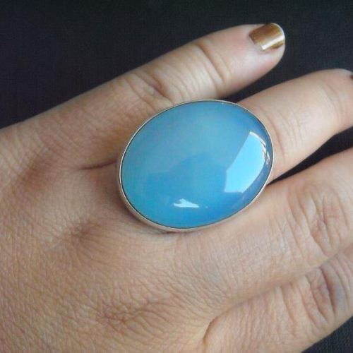Blue chalcedony ring oval gemstone
