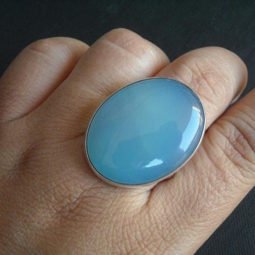 Blue chalcedony ring, Oval gemstone handmade silver ring