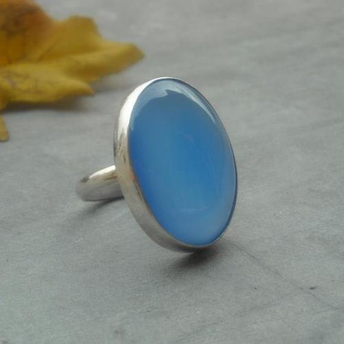 Blue chalcedony ring, Sterling silver large oval ring