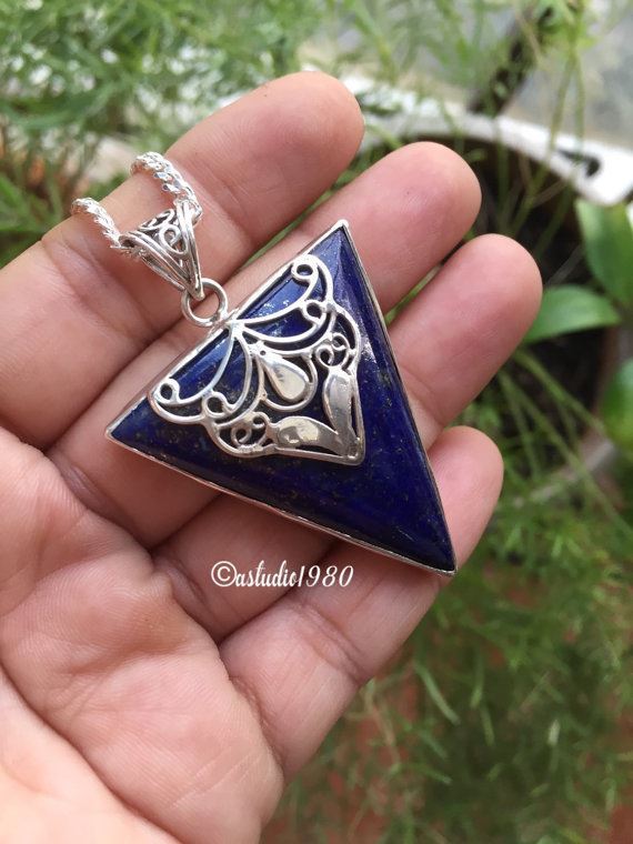 Lapis lazuli pendant necklace, Artisan sterling silver pendant chains