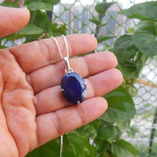 Blue sapphire gemstone pendant chain silver - September birthstone gift