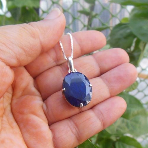 Blue sapphire gemstone pendant chain silver - September birthstone gift