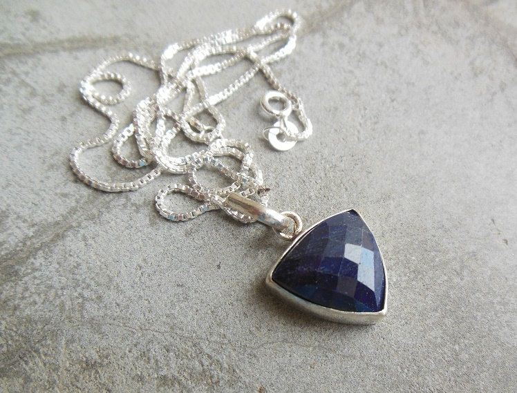 Blue sapphire pendant necklace, Blue Triangle pendant silver