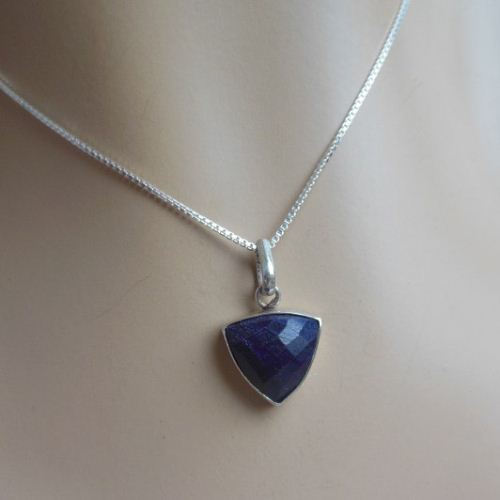 Blue sapphire pendant necklace, Blue Triangle pendant silver