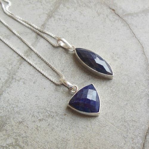 Blue sapphire pendant necklace, Blue Triangle pendant silver
