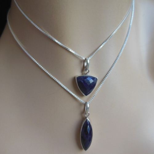 Blue sapphire pendant necklace, Blue Triangle pendant silver