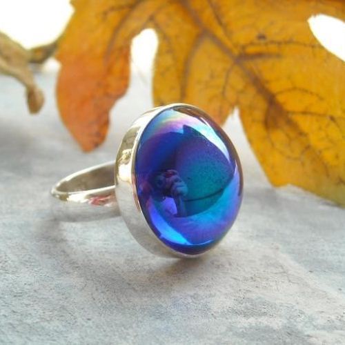Blue vintage cab ring, Sapphire color glass silver ring