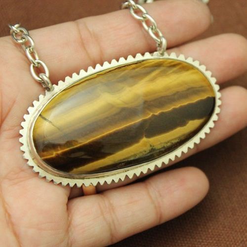 Bold tiger eye pendant, Large oval brown gemstone silver jewelry