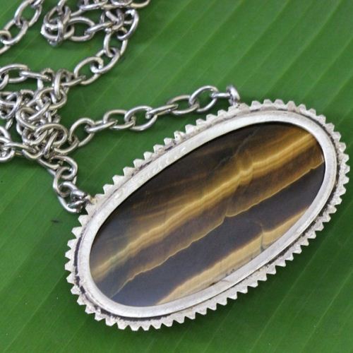 Bold tiger eye pendant, Large oval brown gemstone silver jewelry