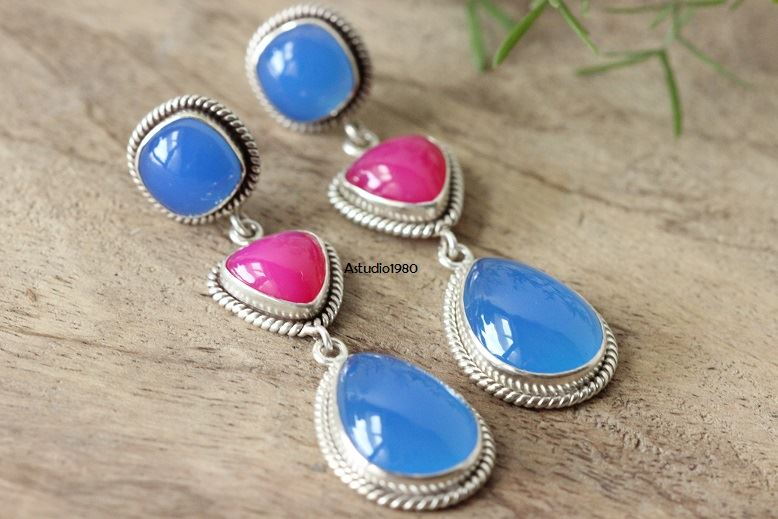 Bridal Blue pink earrings, Blue gemstone chalcedony silver earrings