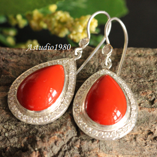 Bridal Coral silver earrings - Artisan Earrings - stone studded