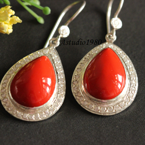 Bridal Coral silver earrings - Artisan Earrings - stone studded