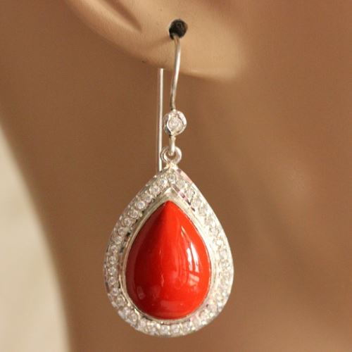 Bridal Coral silver earrings - Artisan Earrings - stone studded