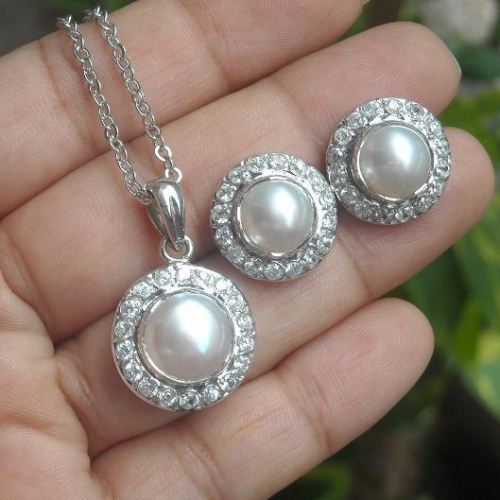 Bridal Pearl Pendant, Wedding jewellery, Silver cz pendant necklace
