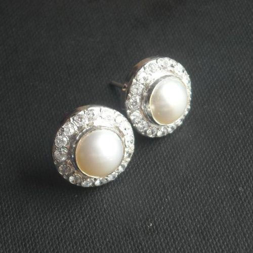 Bridal Pearl earrings, Pearl stud silver cz artisan earrings