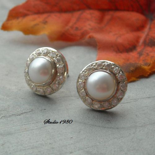 Bridal Pearl earrings, Pearl stud, Artisan cz silver earrings