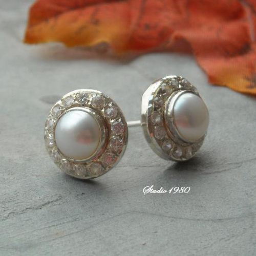 Bridal Pearl earrings, Pearl stud, Artisan cz silver earrings