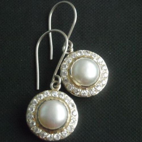 Bridal Pearl earrings, Sterling silver cz earrings, Hook earrings