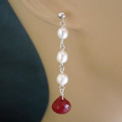 Bridal Pearl ruby post sterling Silver earrings