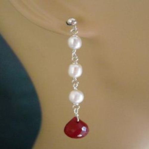Bridal Pearl ruby post sterling Silver earrings