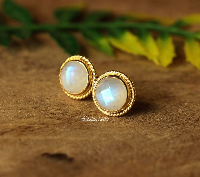 Bridal Rainbow moonstone 18K Gold moonstone Earrings studs