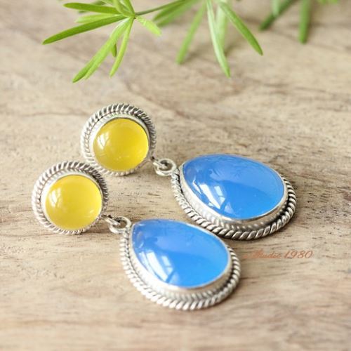 Bridal canary yellow earrings, Blue chalcedony silver earrings