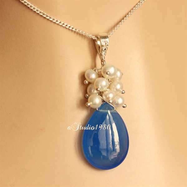 Bridal jewelry -Blue chalcedony pendant set - pearl jewelry - wed