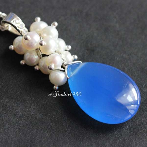 Bridal jewelry -Blue chalcedony pendant set - pearl jewelry - wed