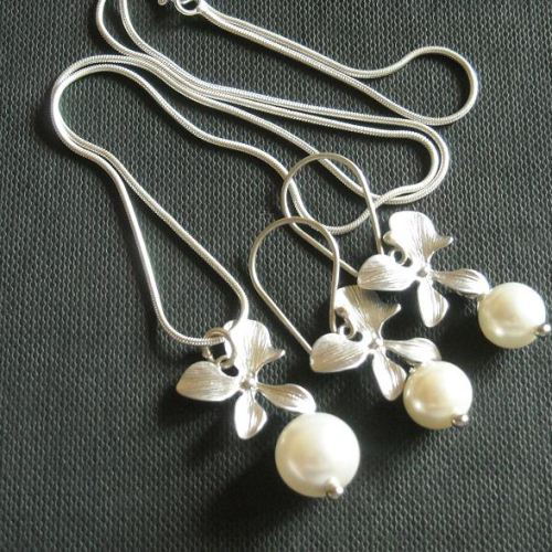 Bridal jewelry, Bridal necklace earrings set, Orchid sterling silver swarovski pearl necklace earrings set
