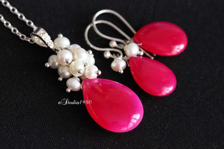Bridal jewelry -pink pendant chalcedony pendant set pearl jewelry