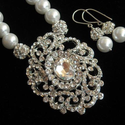 Bridal necklace earrings, Pearl necklace, Swarovski crystal necklace, Sterling silver jewelry,wedding jewelry