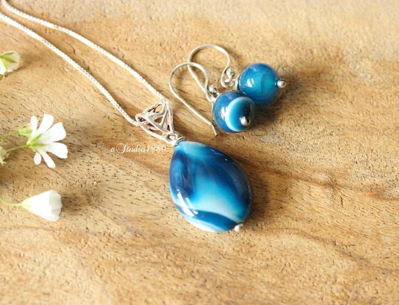 Bridesmaid gift - Blue pendant- blue earrings - silver jewelry 