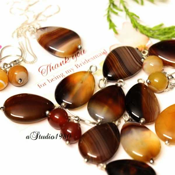 Bridesmaid gift - brown pendant- silver jewelry set - jewelry 