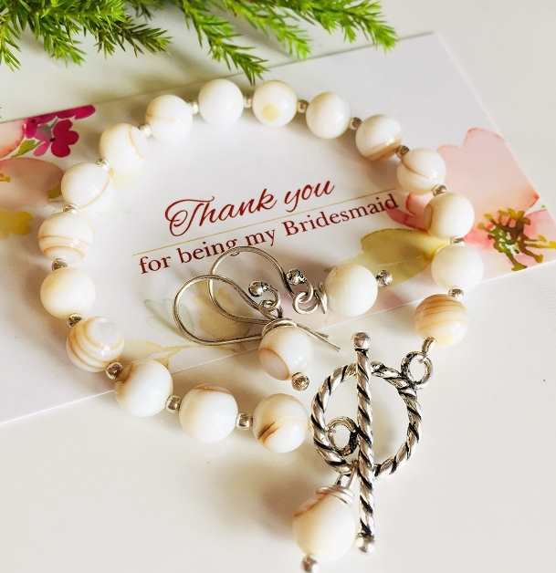Bridesmaid gift - off white bracelet - earrings - Silver set