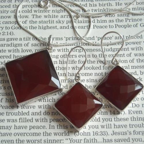 Brownish red chalcedony pendant necklace, Large square silver pendant chain