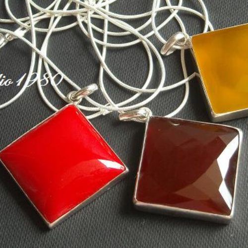Brownish red chalcedony pendant necklace, Large square silver pendant chain