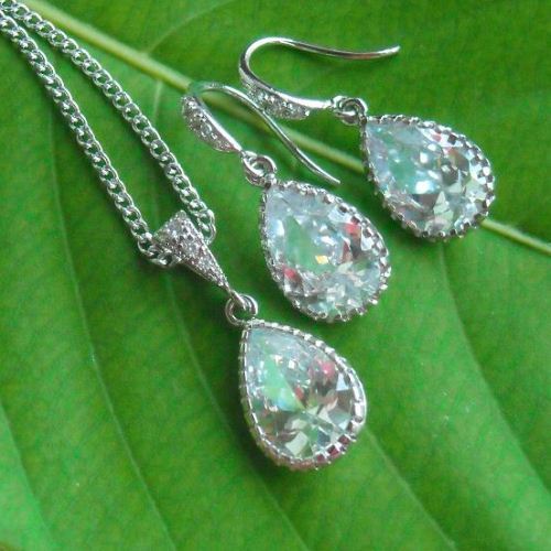 CZ pendant earrings set, Bridal jewelry sterling silver set