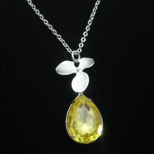 Bridal jewelry, Canary yellow necklace, Jonquil Swarovski crystal, Bridal pendant earrings- orchid Canary bridal necklace set