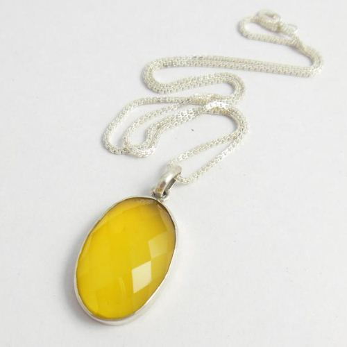 Canary yellow pendant, Oval pendant necklace, Chalcedony silver pendant