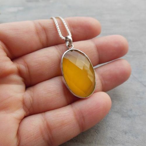 Canary yellow pendant, Oval pendant necklace, Chalcedony silver pendant