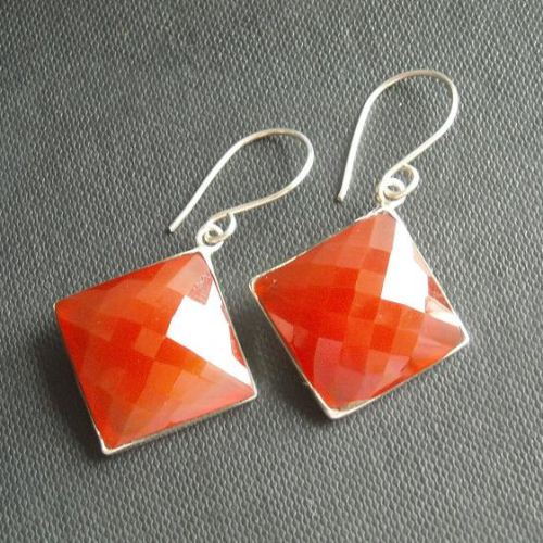 Carnelian dangle earrings, Faceted stone silver earrings